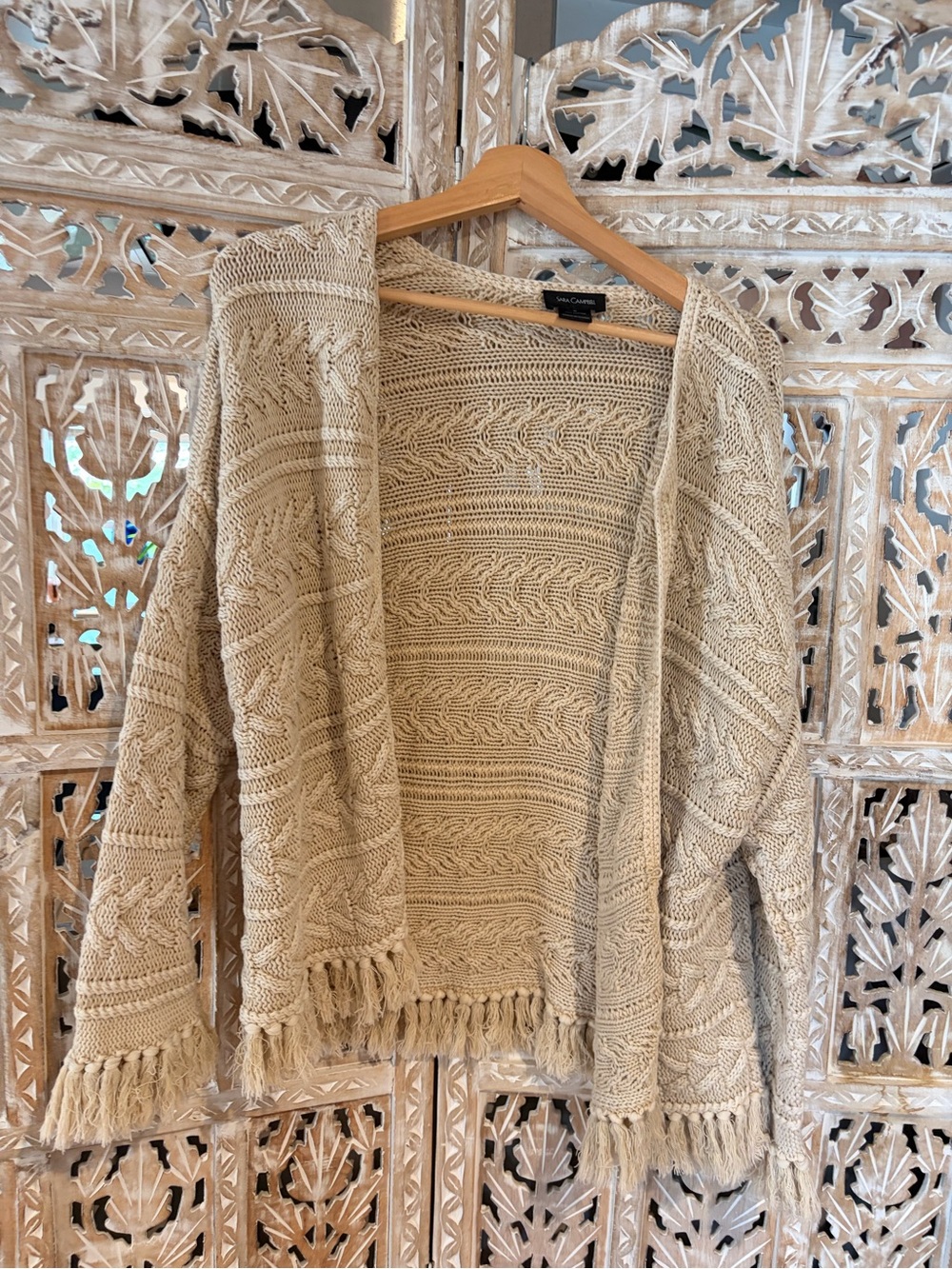 Sara Campbell Beige Cable-Knit Fringe Open Cardigan